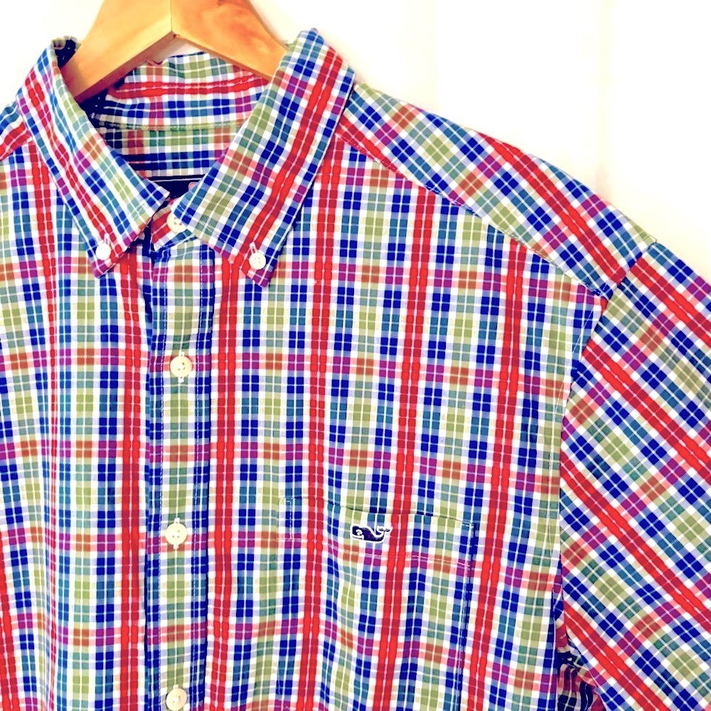 VV Men’s Stretch Poplin Tattersall Button-Down Shirt -Large